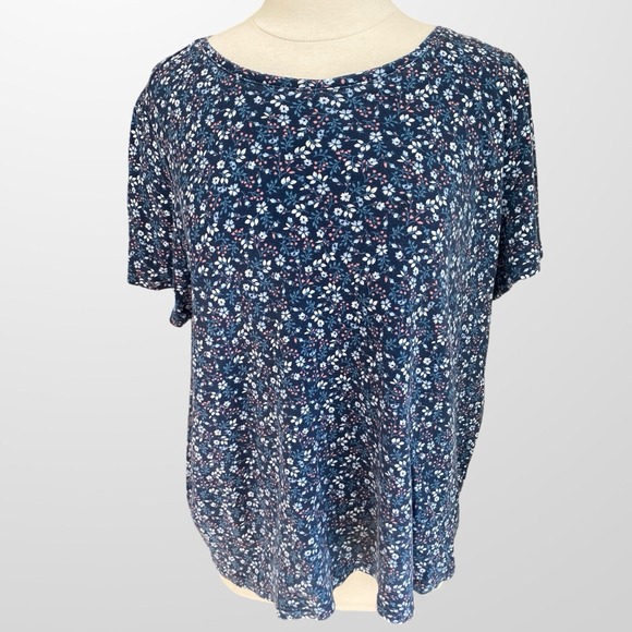 Laura Scott Woman Size 1X Top Shirt Blue Pink Floral Short Sleeve Stretch - Picture 6 of 8